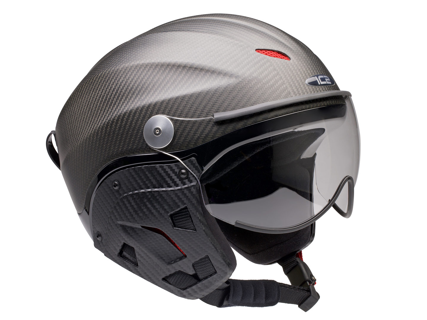 Nevo helmet, gloss-finish carbon fibre, grey edge trim